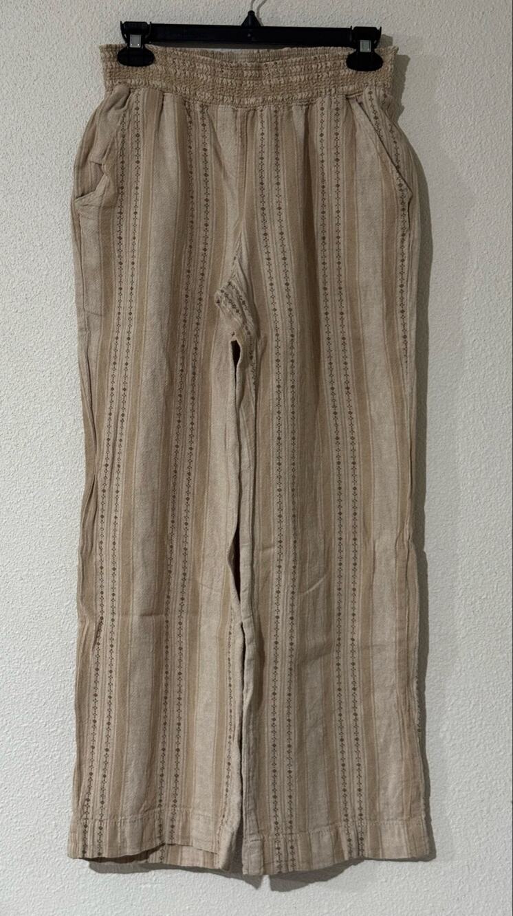 Briggs Neutral Striped Linen Rayon Blend Wide Leg Pants Cottagecore Beachy Boho